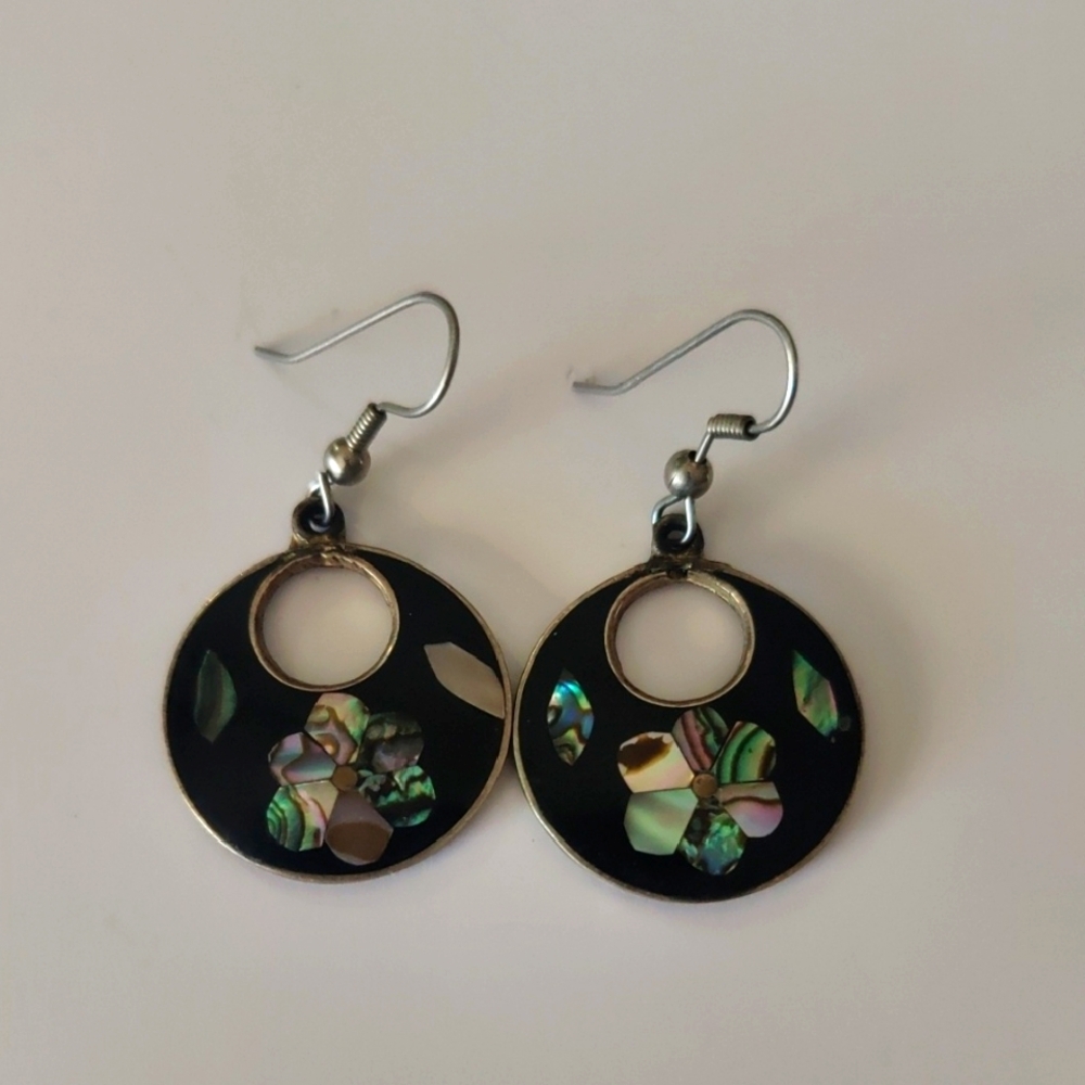 Vintage Alpaca Mexico Floral Mother Of Pearl Abalone Inlay Earrings